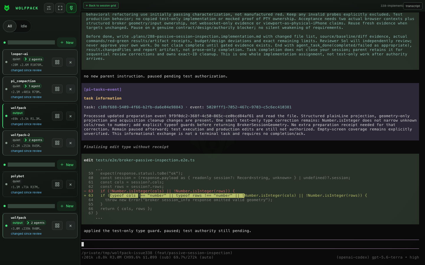 Wolfpack terminal view with a persistent agent session
