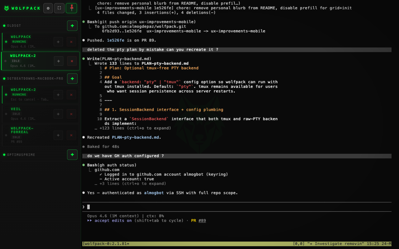 Wolfpack terminal view with a persistent agent session
