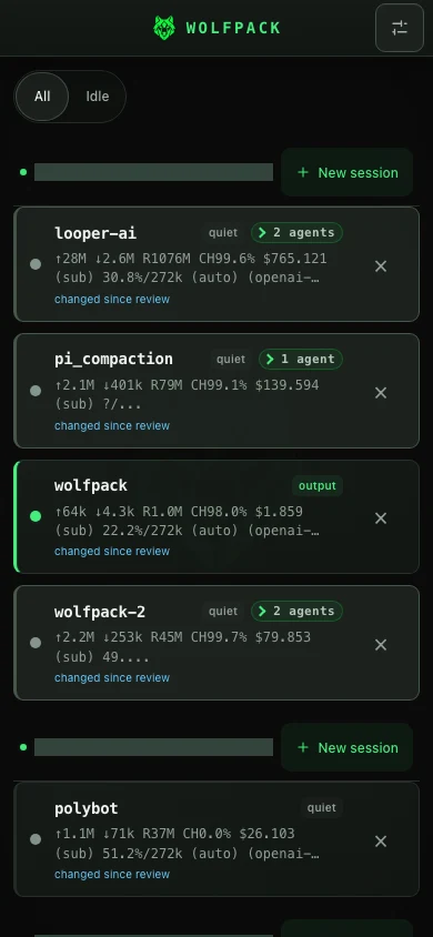 Wolfpack mobile dashboard listing agent sessions and their status