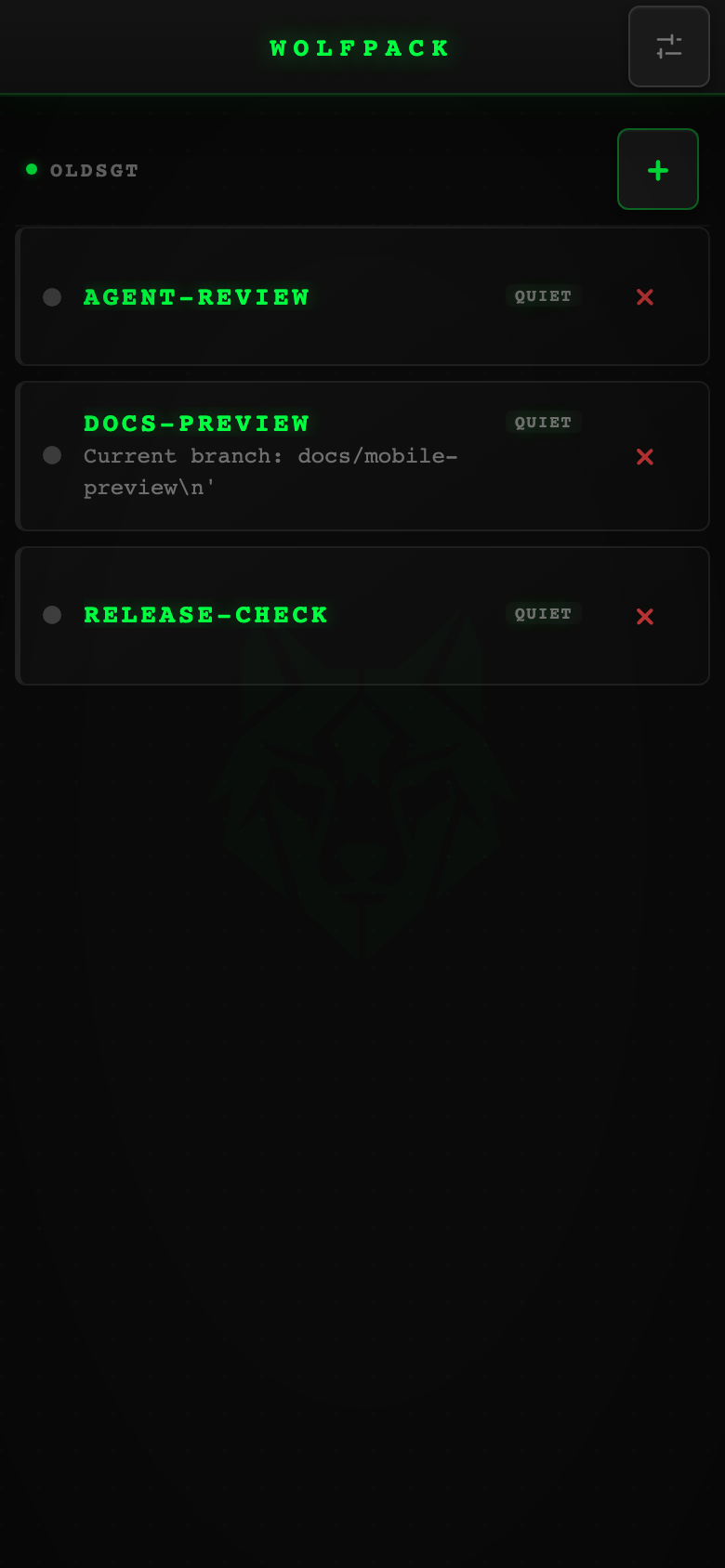 Wolfpack mobile dashboard listing agent sessions and their status