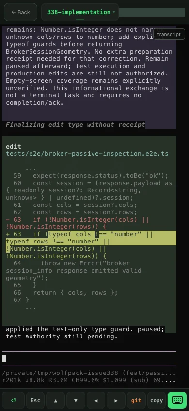 Wolfpack mobile live terminal with coding-agent output and touch controls