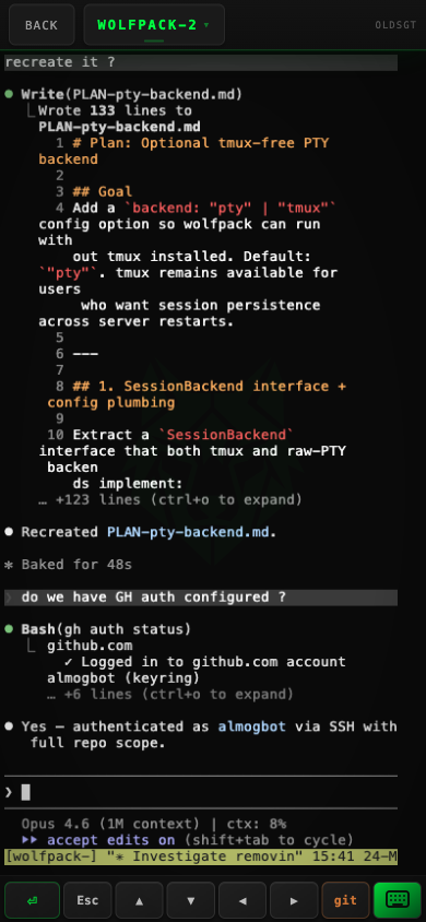 Wolfpack mobile live terminal with coding-agent output and touch controls