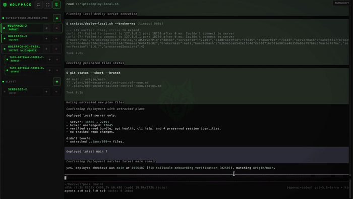 Animated Wolfpack usage demo showing multiple coding-agent sessions and a live terminal